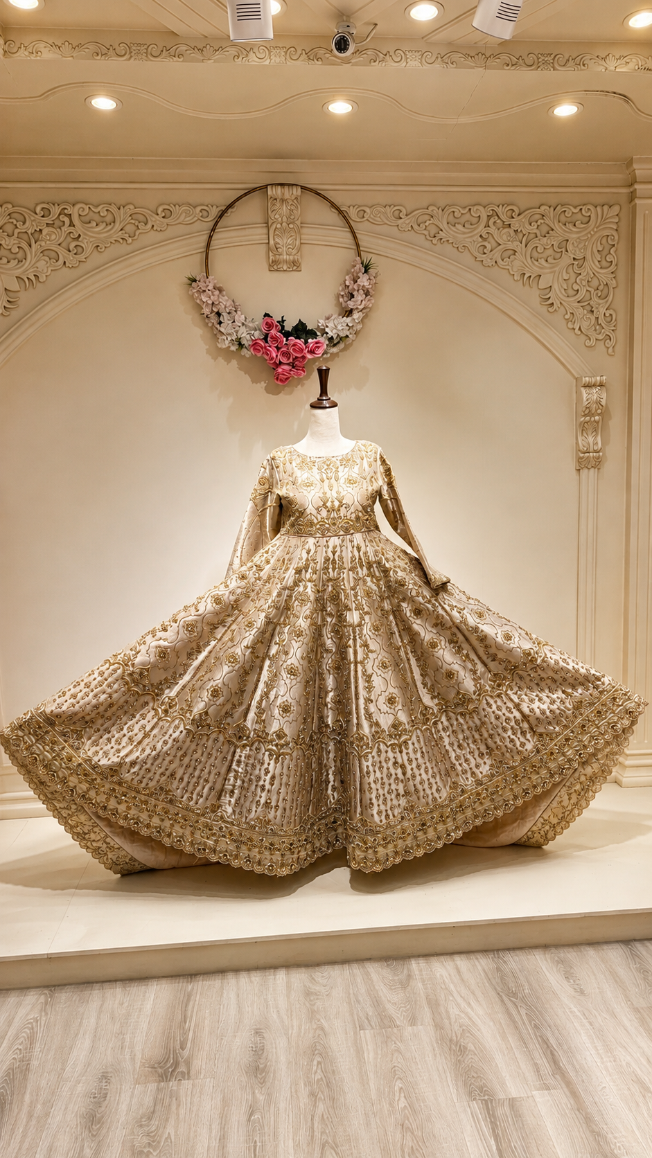 Royal ivory gold bridal peshwas with embroidered dupatta back view

