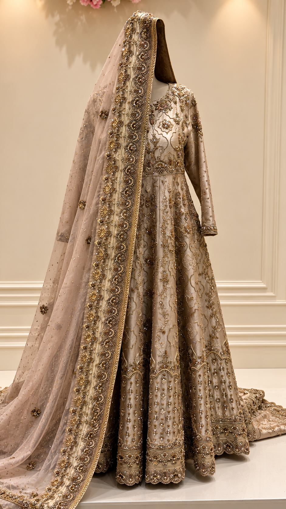Close up of ivory gold embroidered Pakistani bridal bodice

