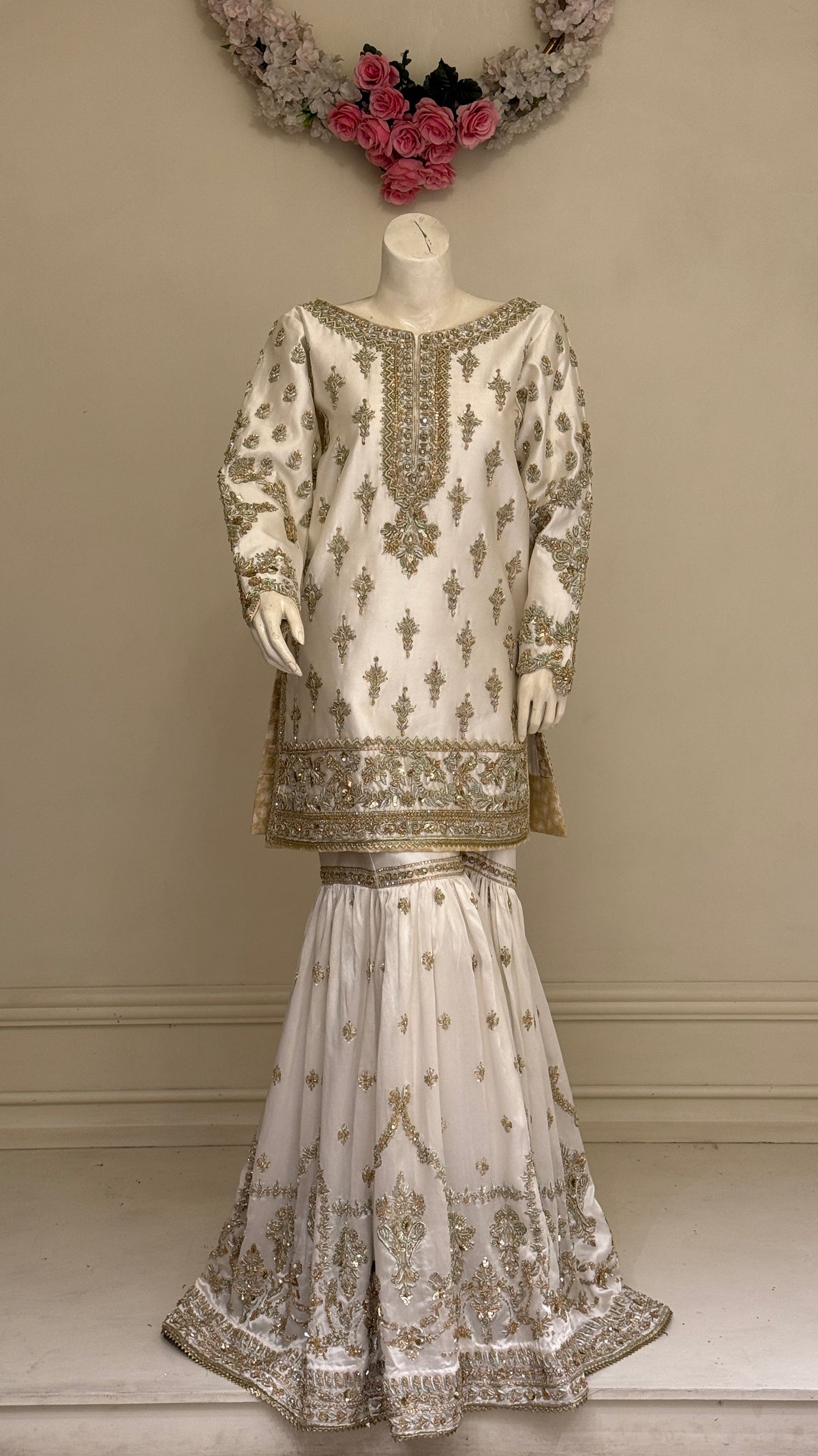 Ivory Gold Embroidered Bridal Sharara Suit