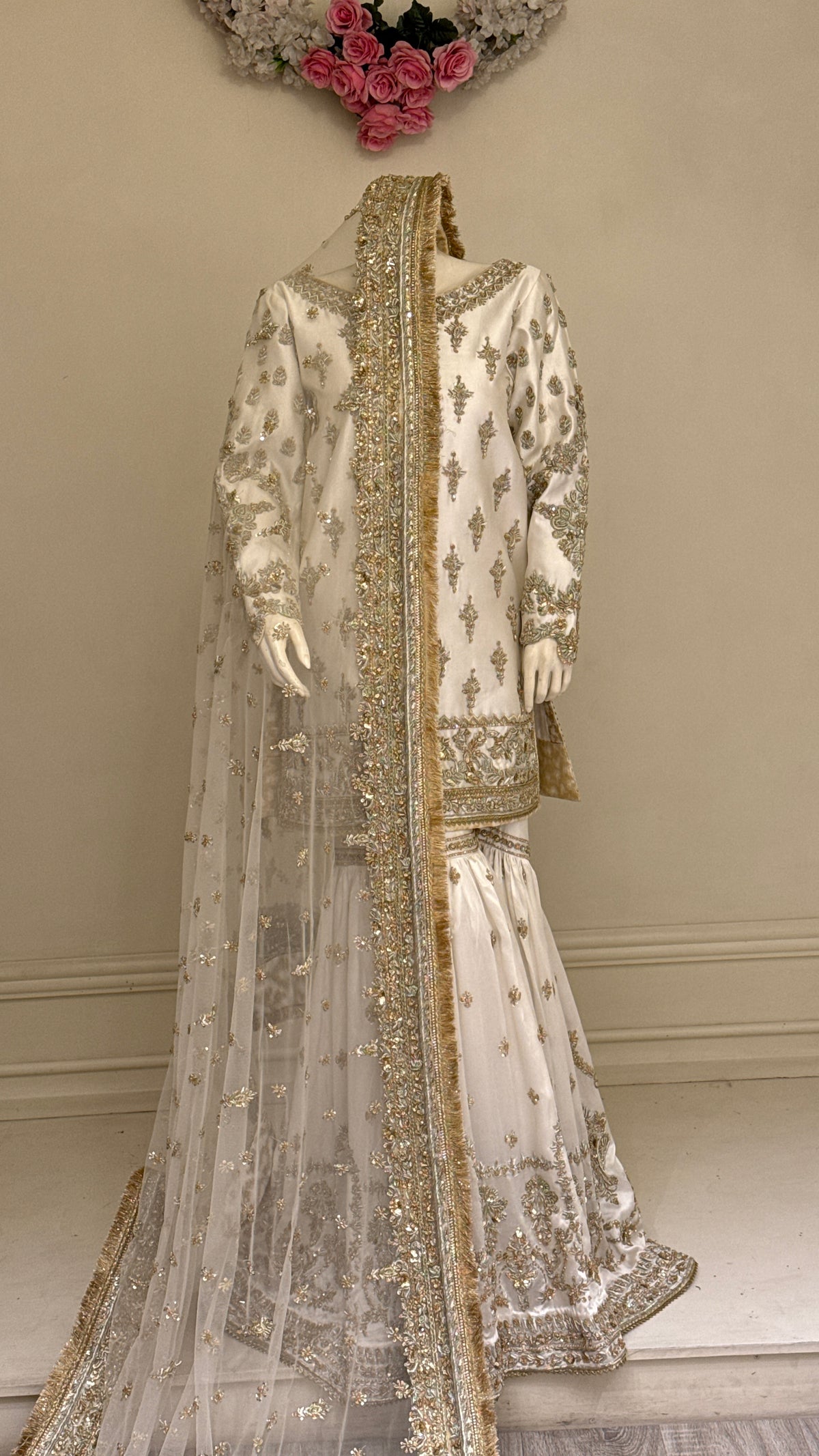 Ivory Gold Embroidered Bridal Sharara Suit