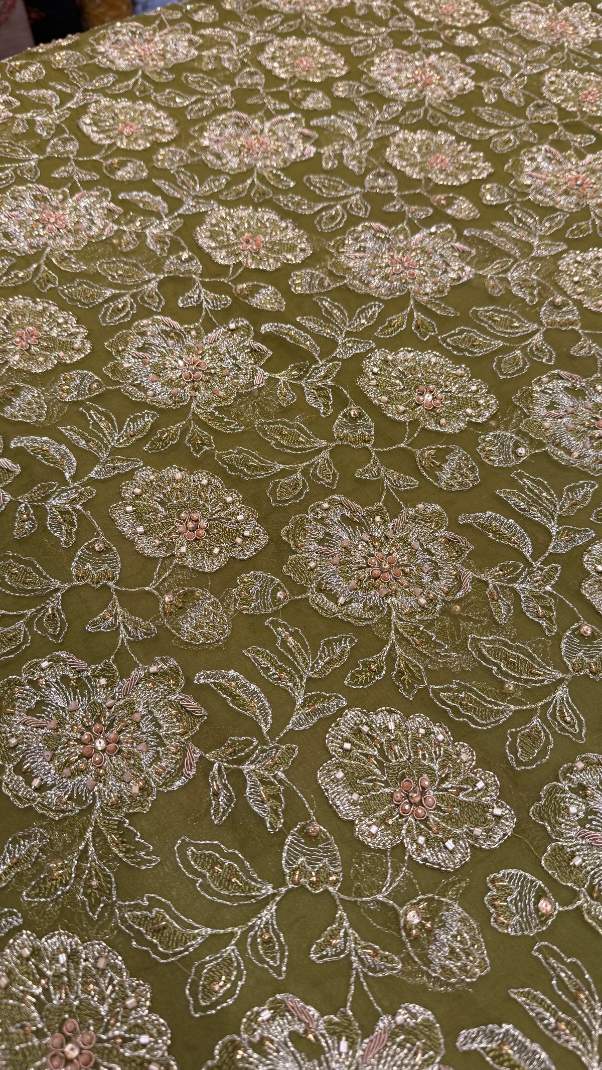 Olive Green Hand-Embroidered Unstitched Fabric