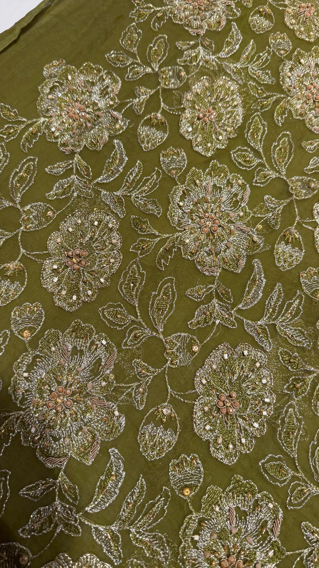 Olive Green Hand-Embroidered Unstitched Fabric