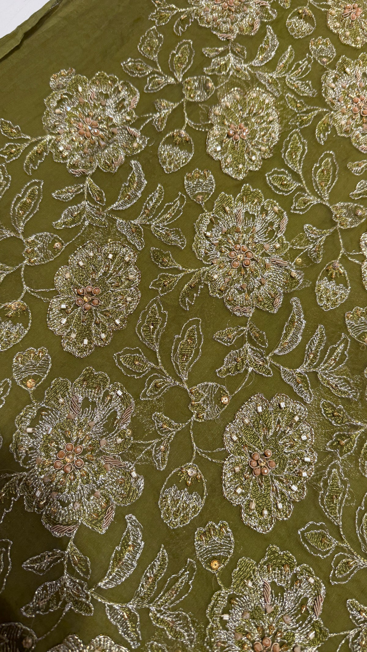 Olive Green Hand-Embroidered Unstitched Fabric