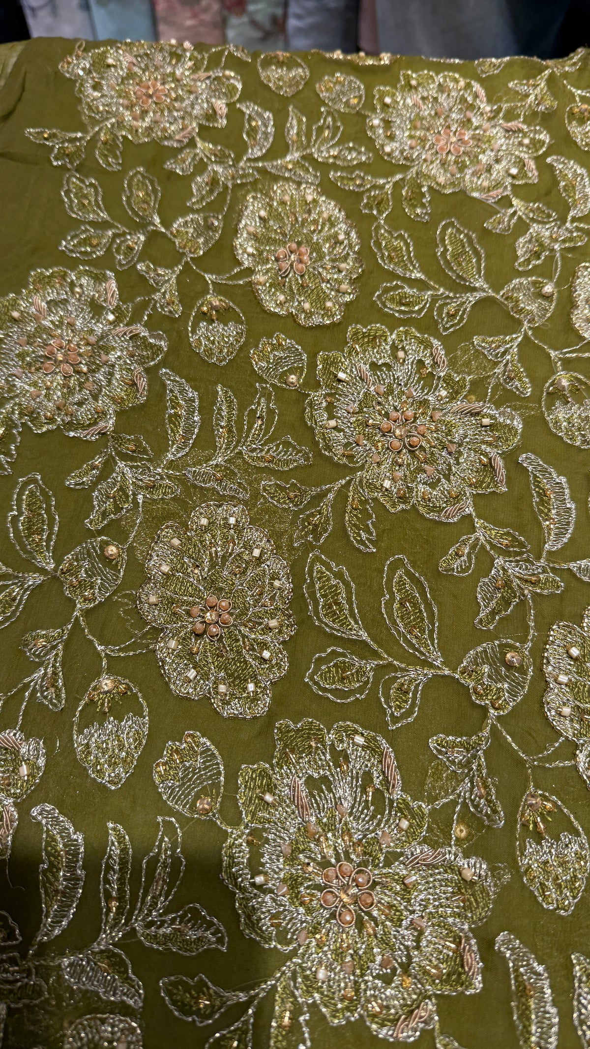 Olive Green Hand-Embroidered Unstitched Fabric