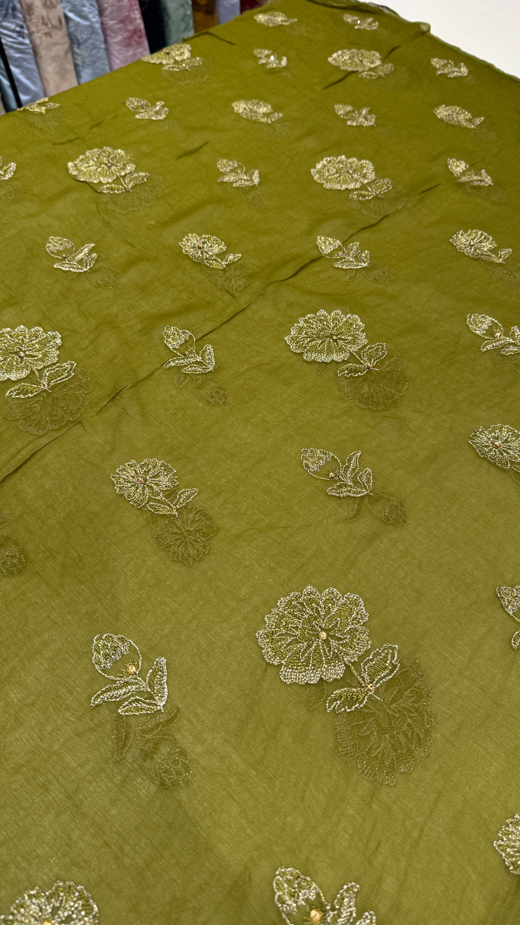 Olive Green Hand-Embroidered Unstitched Fabric