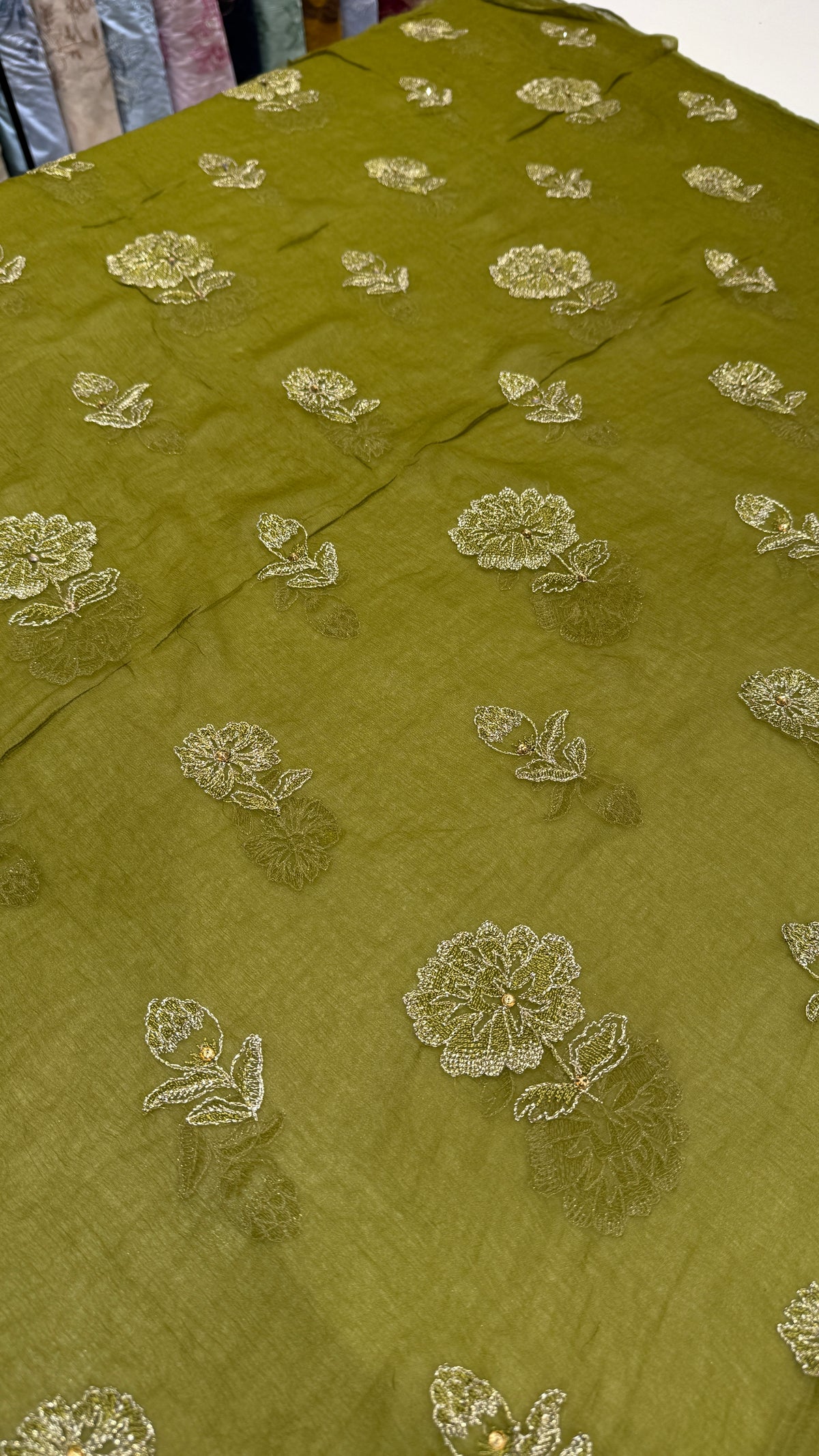 Olive Green Hand-Embroidered Unstitched Fabric