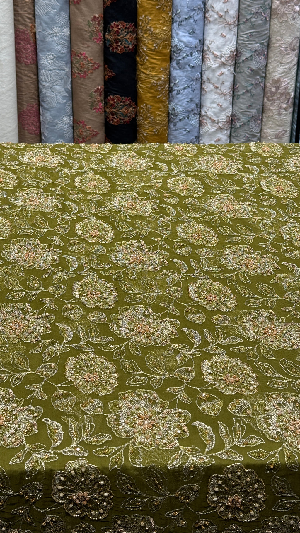 Olive Green Hand-Embroidered Unstitched Fabric