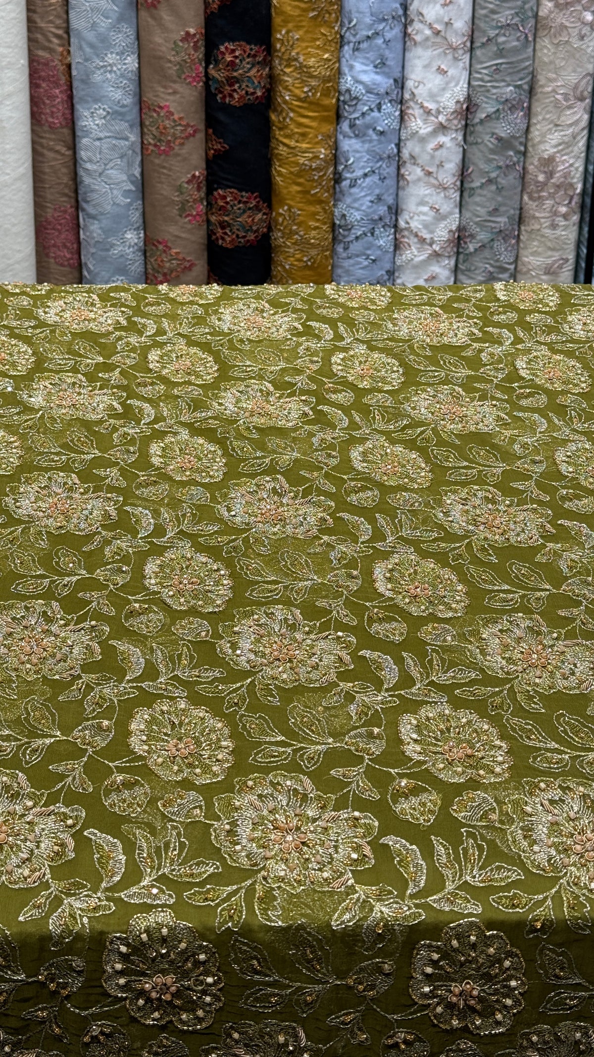 Olive Green Hand-Embroidered Unstitched Fabric