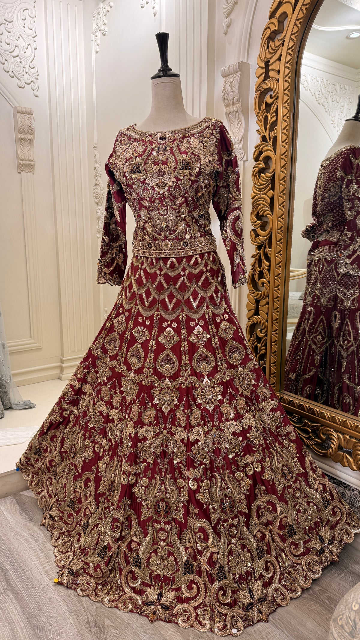 Maroon Gold Embroidered Bridal Maxi