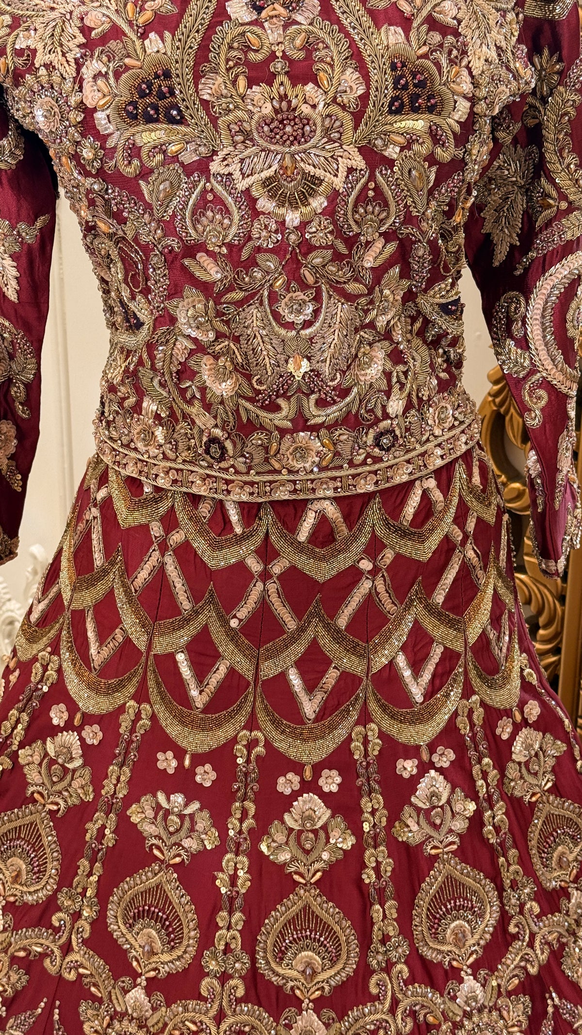 Maroon Gold Embroidered Bridal Maxi