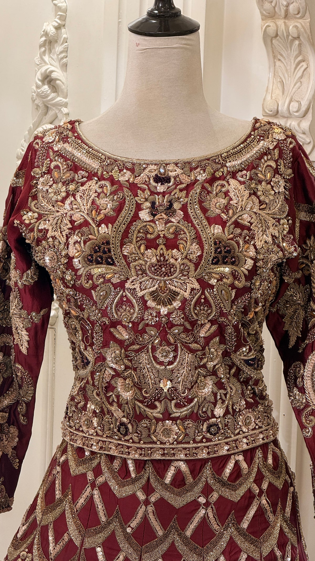 Maroon Gold Embroidered Bridal Maxi