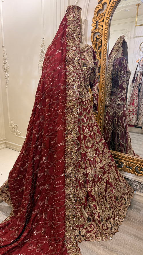 Maroon Gold Embroidered Bridal Maxi