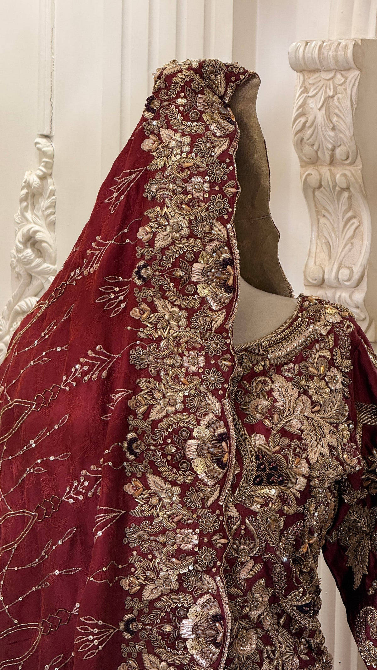 Maroon Gold Embroidered Bridal Maxi