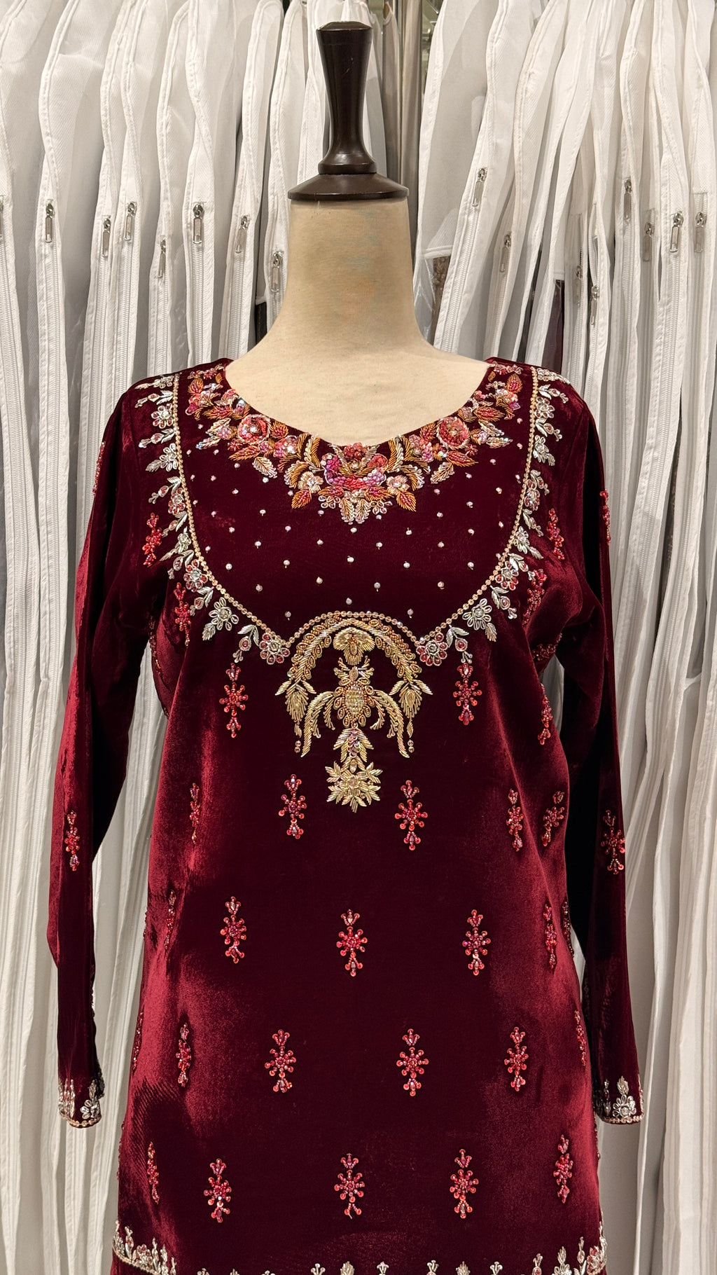 Maroon Velvet Gold Embroidered Party Wear Shirt