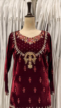 Maroon Velvet Gold Embroidered Party Wear Shirt