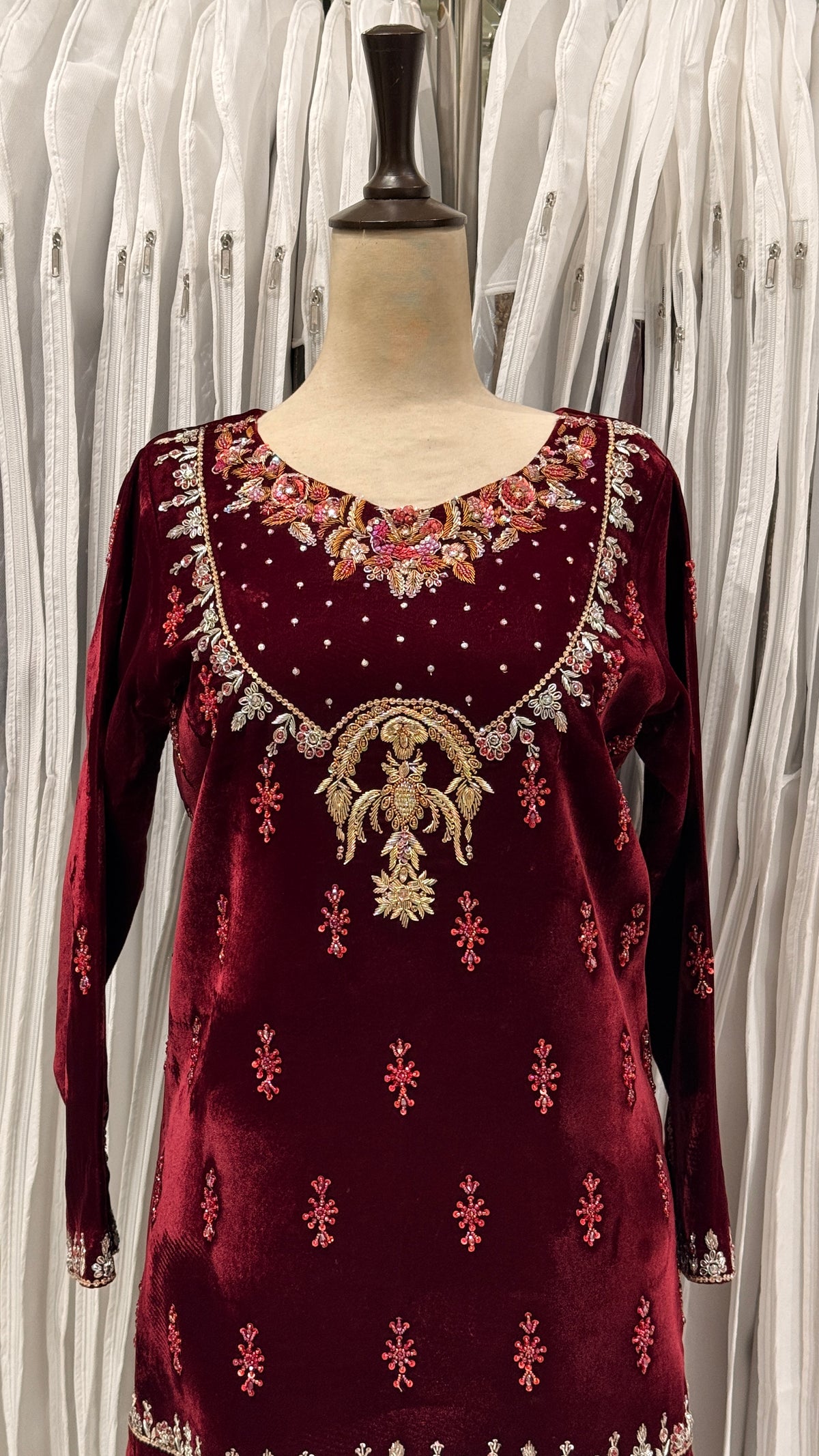Maroon Velvet Gold Embroidered Party Wear Shirt