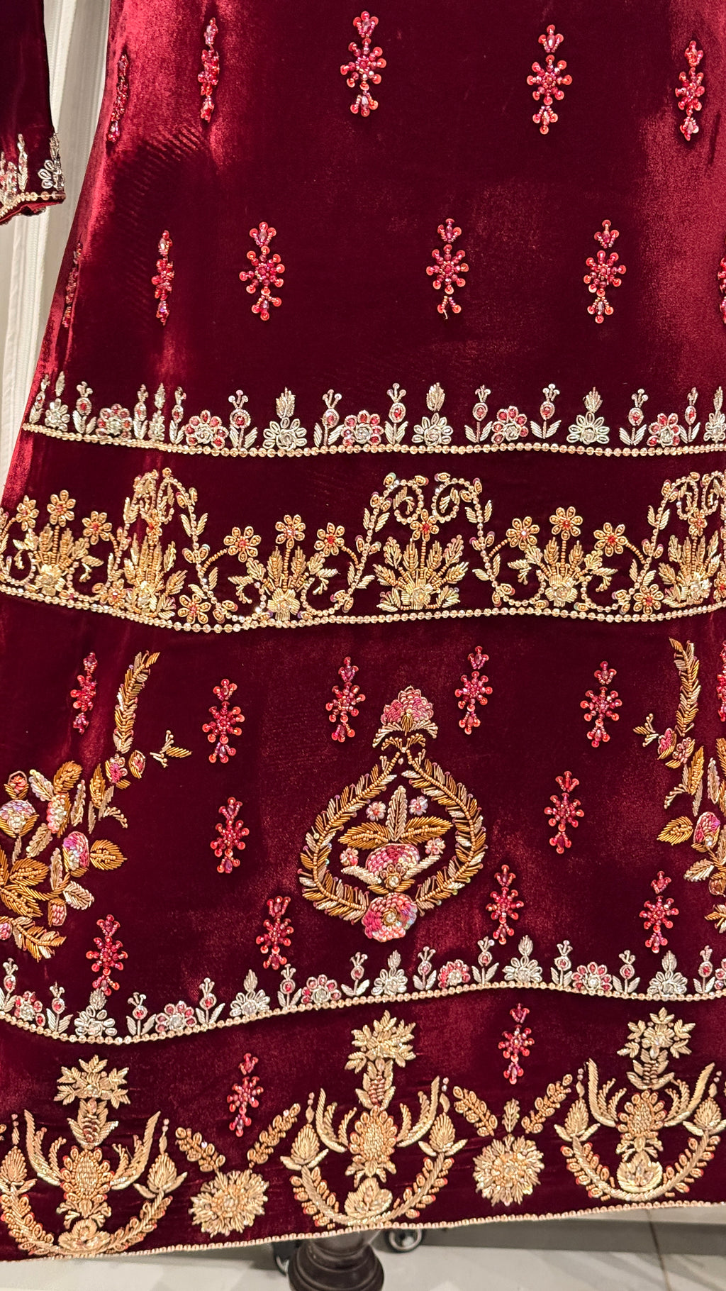 Maroon Velvet Gold Embroidered Party Wear Shirt