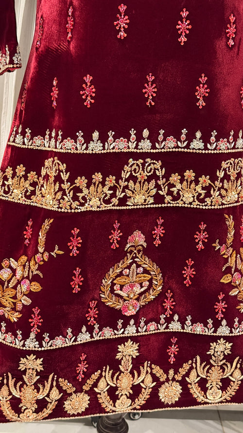Maroon Velvet Gold Embroidered Party Wear Shirt