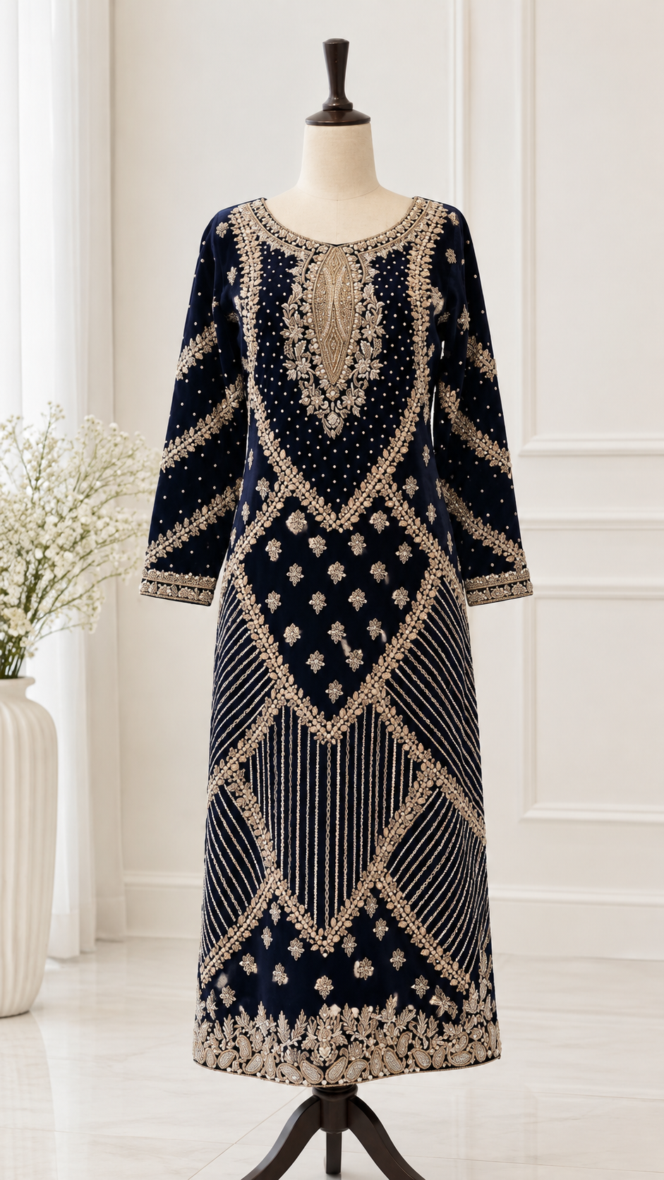 Navy Blue & Golden Embroidered Party Wear Shirt