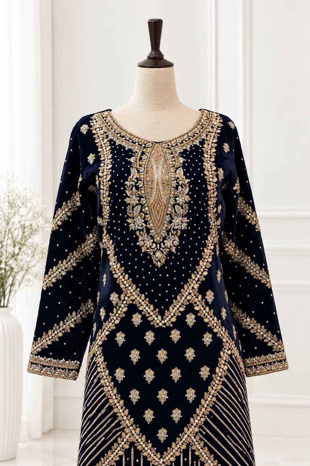 Navy Blue & Golden Embroidered Party Wear Shirt