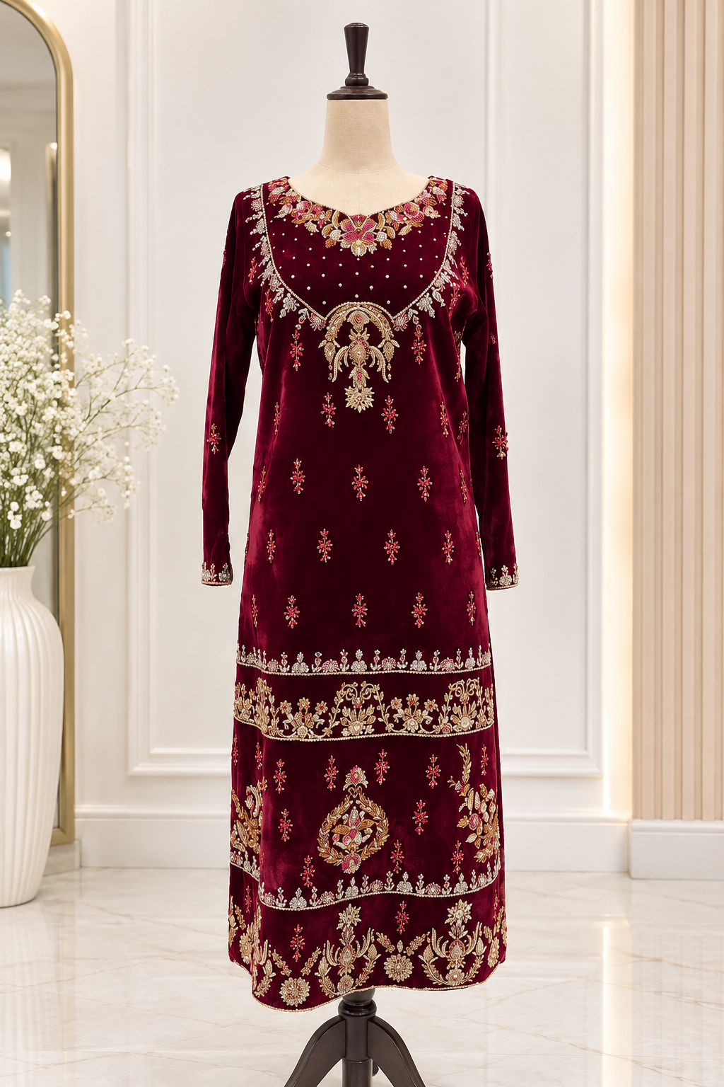 Maroon Velvet Gold Embroidered Party Wear Shirt